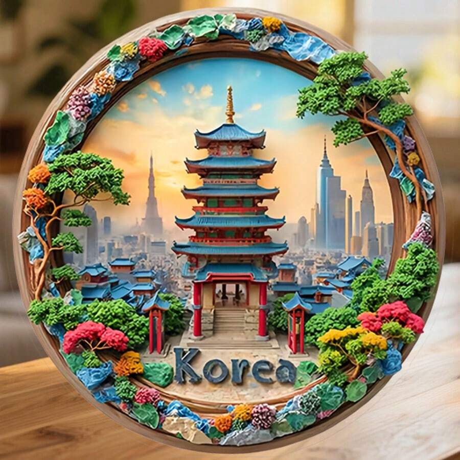 韓國五層塔與遠方塔樓的日落風景葉框磁鐵,黃昏將城市染成暖金色,適合家中所有金屬表面的紀念品 - D - 查看 1