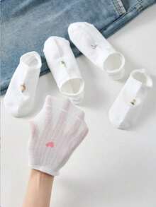 5 Pairs Women's Solid Color Ribbed Ankle Lined Short Invisible Socks, Thin Non-Slip Invisible Boat Socks, Suitable For All Seasons - White - View 3