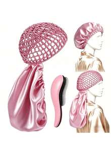 2-In-1 Woven Hair Net & Bonnet Set, Includes Detangling Brush, Satin Lined Curly Hair Sleep Cap, Anti-Frizz Overnight Hair Care Set - Pink - View 2