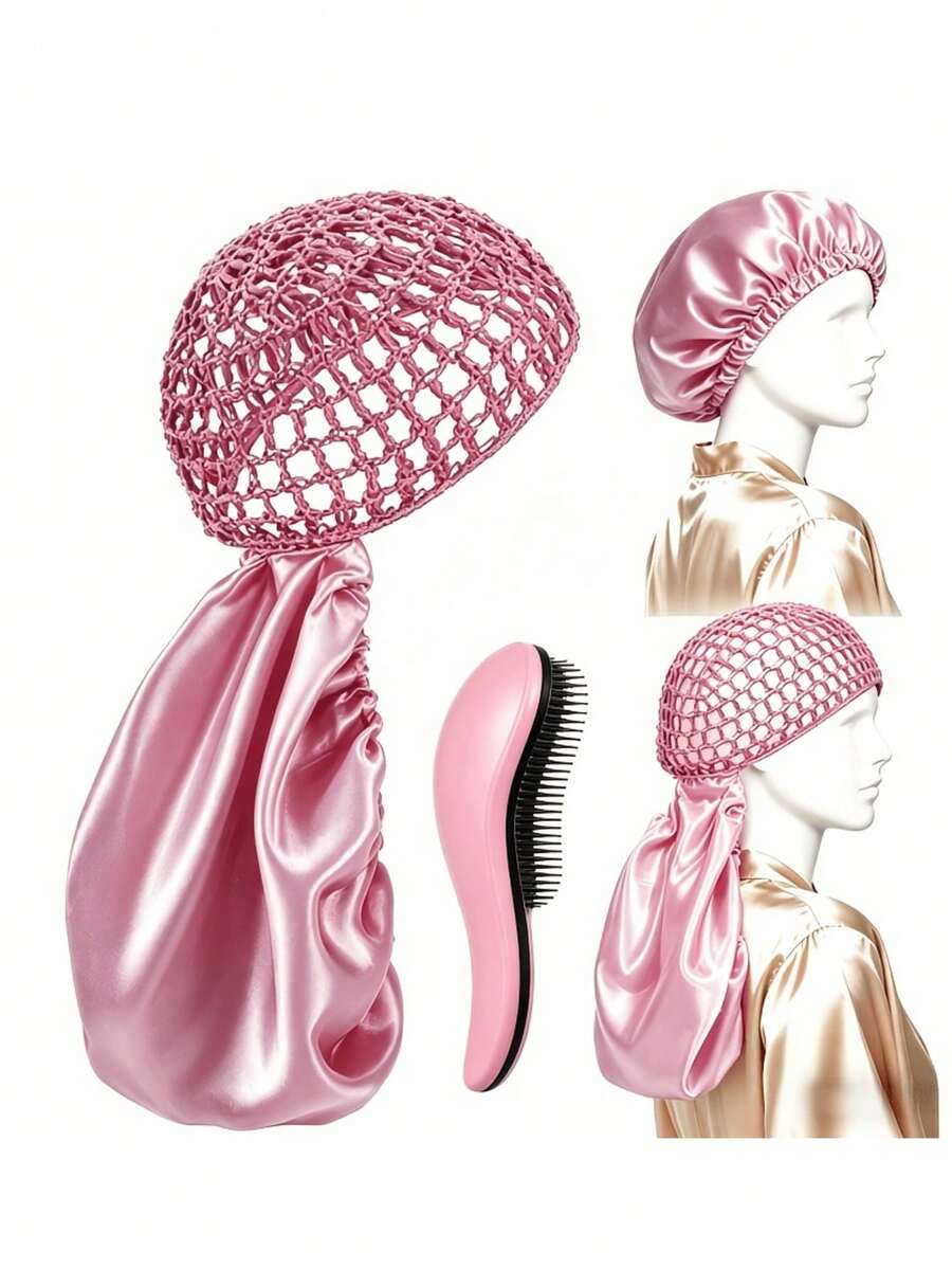 2-In-1 Woven Hair Net & Bonnet Set, Includes Detangling Brush, Satin Lined Curly Hair Sleep Cap, Anti-Frizz Overnight Hair Care Set