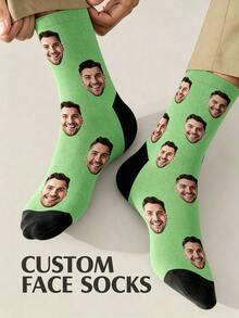 1 Pair Customizable Neutral Face Socks, Add Your Own Photo Design Exclusive Socks, Couple Style, Suitable For Family - Green - View 1