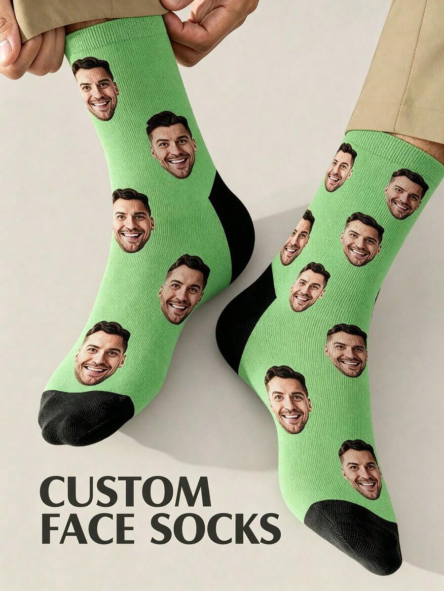 1 Pair Customizable Neutral Face Socks, Add Your Own Photo Design Exclusive Socks, Couple Style, Suitable For Family - Green - View 1