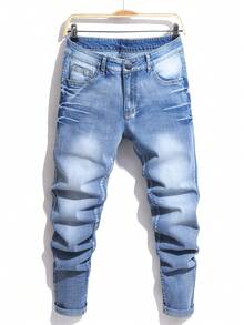 Men's Slim Fit Elastic Washed Denim Pants Embroidered Pattern Suitable For Daily Commuting In All Seasons - Light Wash - View 2