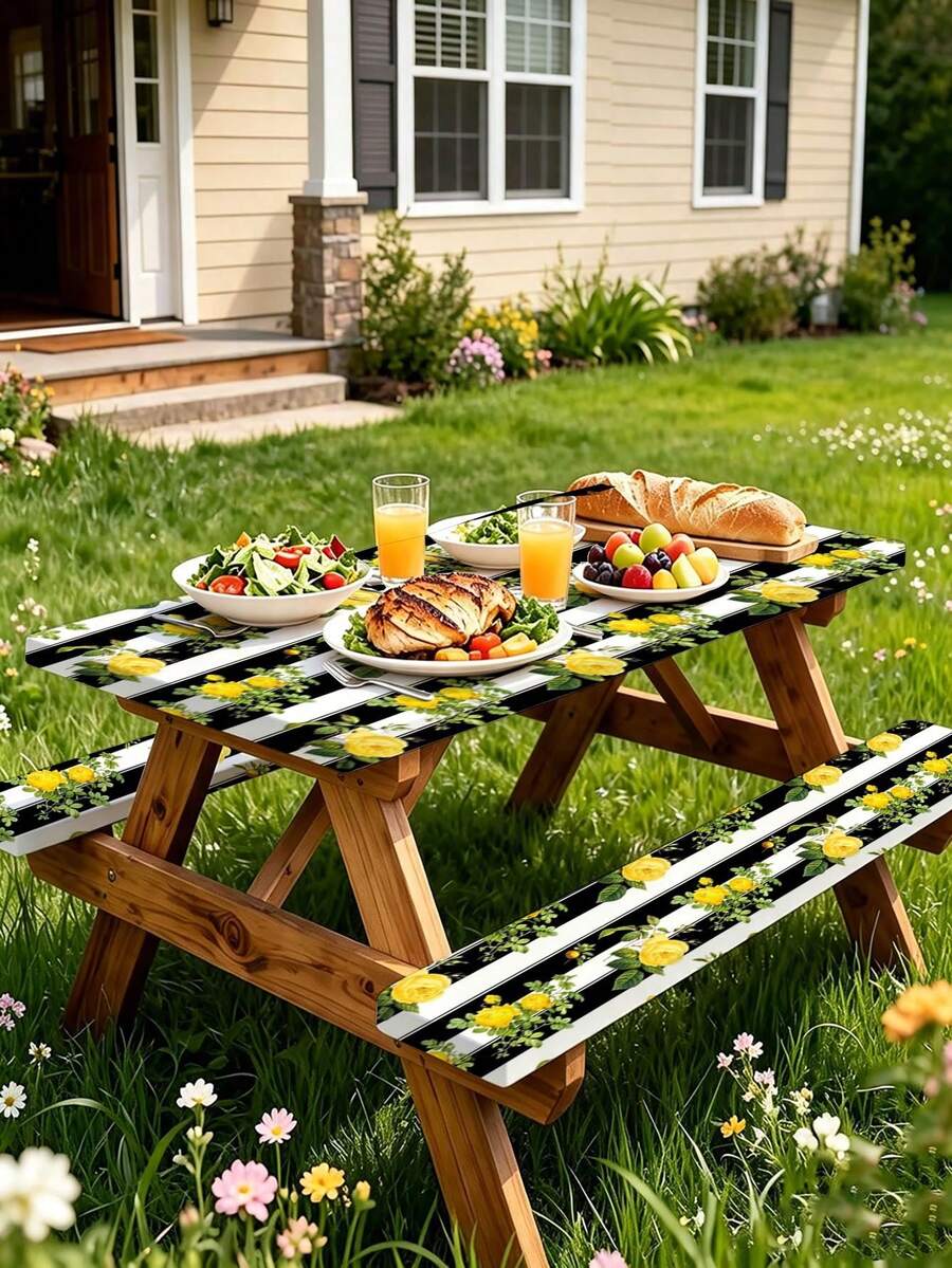 3 PiecesPicnic Tablecloth Set With Bench Cover, Elastic Edge Design, Line And Floral Pattern, Fresh Style, Washable Rectangular Tablecloth, Suitable For Wedding, Camping, Picnic, Garden Party And More, Practical Essential - B - View 1