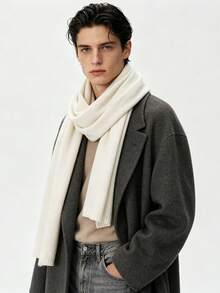 Low-Key Premium Solid Color Men's Long Fur Scarf, Thick Soft Fabric, Intellectual Style Daily Wear Warm Neck Warmer, Extra Large Extra Wide Shawl - White - View 3
