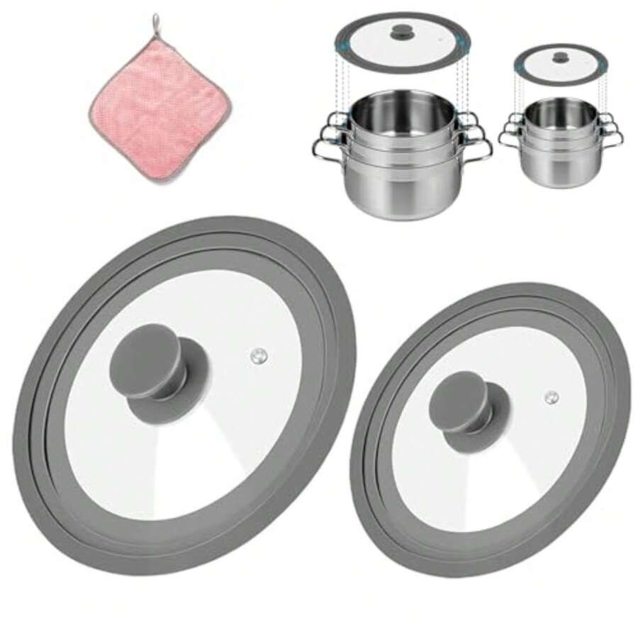 2 Piezas Tapas para Sartenes, Tapa Universal para Ollas, Tapa de Vidrio de Silicona, Tapa Universales para Ollas de 20 22 24 26 28 30 cm, con Ventilación para Vapor y un Trapo - Gris - Ver 1