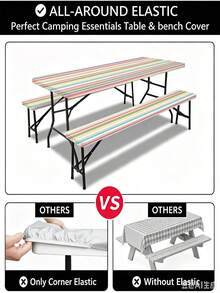 Juego de 3 piezas de mantel para picnic con funda para banco, diseño de borde elástico, patrón a rayas, mantel rectangular lavable, adecuado para bodas, camping, picnics, fiestas en el jardín y talla grande, esencial práctico - D - Ver 8