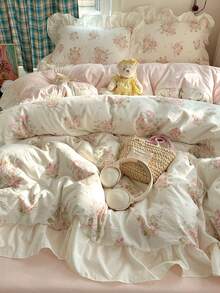 Pink Ruffle French Country Style 4-Piece Bedding Set, Romantic French Country Bedding Set, Breathable Soft All-Season Bedding Set Including 1 Duvet Cover, 1 Bed Sheet, And Pillowcases, No Filling, Suitable For Bedroom, Dorm, Home Use, Multiple Size Options, Back To School Dorm Decor, College Decor - Pink - View 2