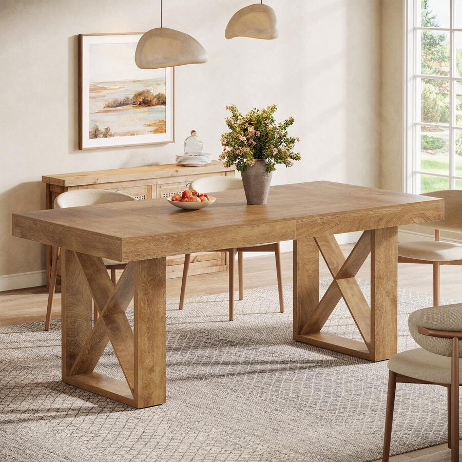 Tribesigns 63-Inch Rectangle Dining Table For 4-6 People, Farmhouse Thick Appearance Design, Rectangular Kitchen Dinner Table For Home, Natural Brown - Natural - View 1
