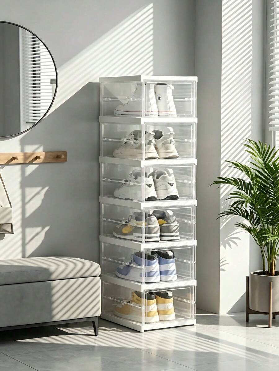 Foldable 6‑Layer Shoe Box Storage Cabinet, No Assembly Required, Transparent Visible Dust‑Proof Design, Large‑Capacity, Foldable For Slim‑Profile Storage, Stable And Space‑Saving, For Home Shoe Storage. - Multicolor - View 1