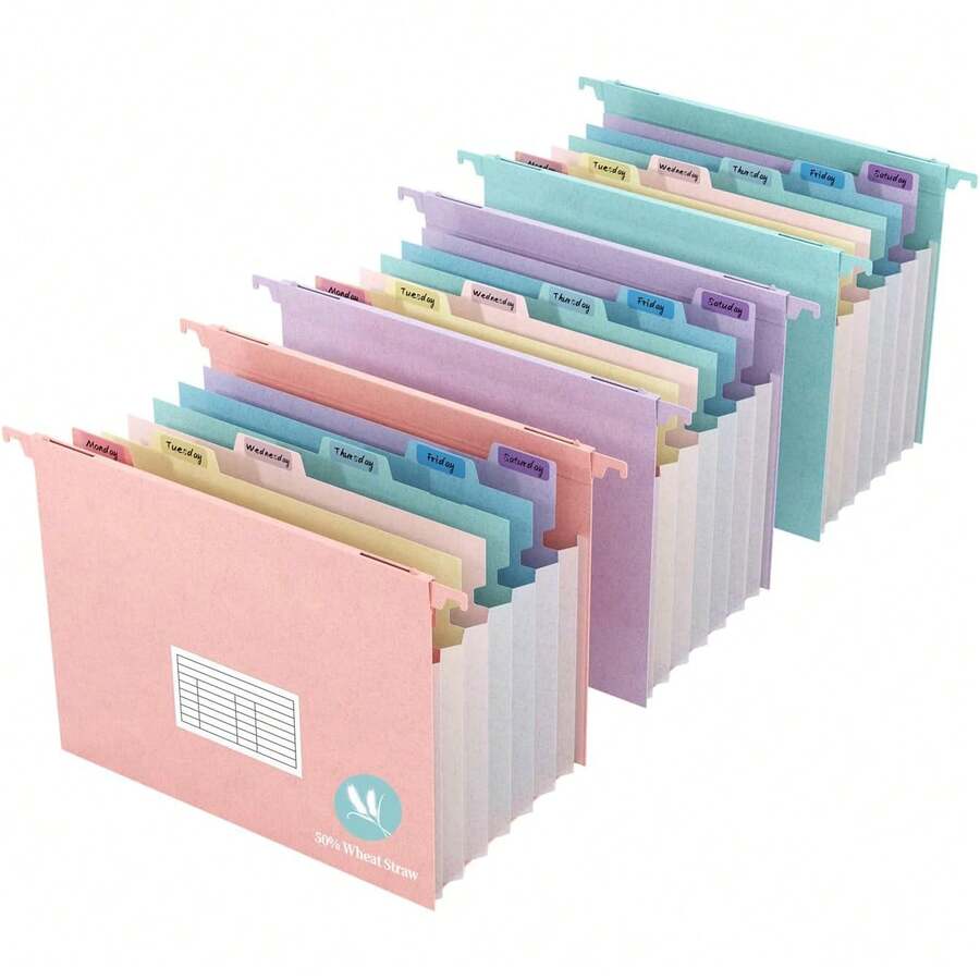 Organizador de archivos colgante expandible de paja de trigo, 7 bolsillos tipo acordeón, caja de almacenamiento de archivos expandible de 1.2 pulgadas, etiquetas multicolor, se ajusta al tamaño de carta de EE. UU. - 1 paquete (Rosa/Púrpura/Azul) - Multicolor - Ver 1