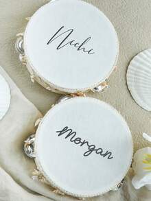 Custom Name 6 Inch Boho Wedding Tambourine Hand Held With Single Row Metal Jingles Starfish And Seashell Woven Decor Musical Rhythm Percussion Instrument Gift For Beach Wedding Bridal Shower Reception Party Dancing (Drumstick Not Included) - Beige - View 5