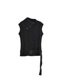 Asymmetrical Neckline Button Cable Knit Vest - Black - View 5