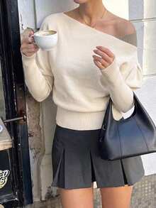 Autumn New Slouchy Premium Asymmetrical Shoulder Pullover Sweater Loose Asymmetrical Shoulder Knit Top White - White - View 2