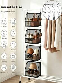 Hanging Storage Basket, Stackable Hanging Storage Baskets, Black Woven Mesh Organizer, Multi-Functional S-Hook, Suitable For Dorm, Bedroom, Closet | Space-Saving Hanging Clothes & Bedding Organizer | With Stable Hanging Device | All-Season Closet Essential | Back To School Season - Multicolor - View 4