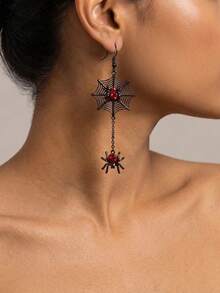 1 Pair Dark Red Eye Spider Web Long Tassel Earrings, Gothic Vintage Style, Distressed Black Gold Chain + 3D Spider Web Pendant, Cool Girl Accessory For Halloween Party, Gift And Holiday Celebration - Black - View 2