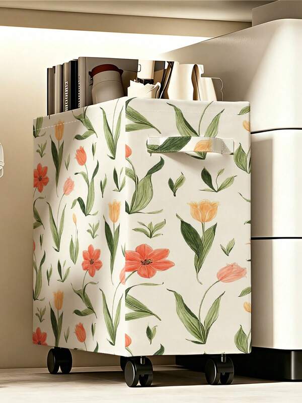 1pc Storage Basket, Laundry Hamper, Laundry Basket, Sorting Storage Bin For Laundry, Flower Print Design, Rolling Movable Folding Storage Cart For Home Supplies, Smooth‑Rolling Wheels & Large‑Capacity Space