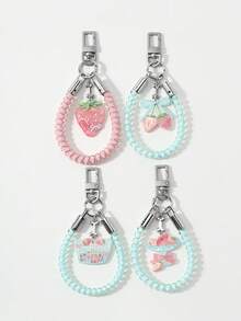 1pc Sweet Fresh Strawberry Bow Leopard Print Flower Elastic Rope Keychain Bag Pendant - Multicolor - View 2