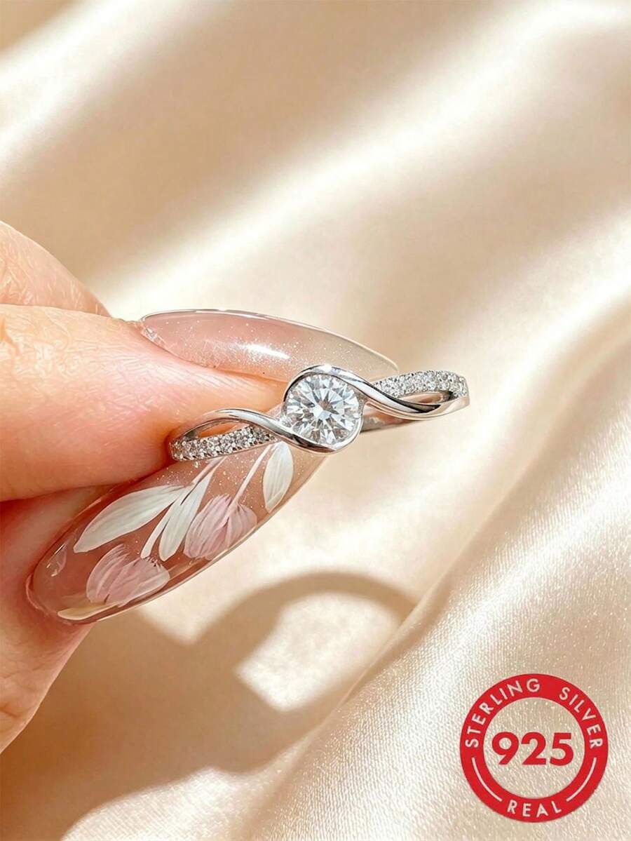 1 件 S925 纯银优雅方晶锆石戒指,适合女性订婚/求婚的优质珠宝 - 銀色 - 查看 1