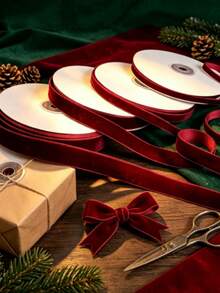 2/5/10/25 Yards Burgundy Velvet Ribbon Christmas Tree, Multiple Sizes 1 Inch | Velvet Christmas Ribbon For Gift Wrapping, Bows, Wreaths, Holiday Crafts (2/5 Yards No Spool, 10/25 Yards With Spool For Easy Storage) - Flocked Ribbon - View 7