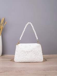 Sac de soirée en dentelle florale pour femmes, sac à bandoulière élégant avec chaîne de perles, sac à main mini bandoulière à double chaîne pour mariage et fête - Blanc - Voir 2