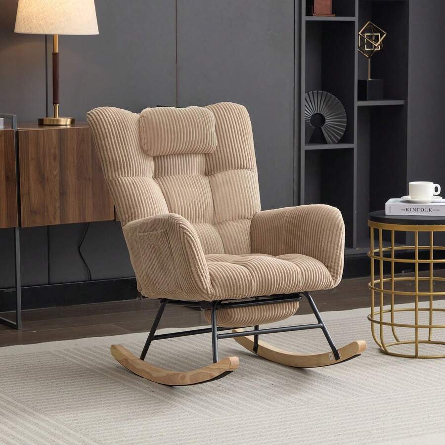 Flieks Rocking Chair With Adjustable Footrest, Headrest, Fabric Rocking Chair With Wooden Legs,Comfortable Lounge Armchair With Side Pockets And High Backrest, Brown, Reading Chair For Nursery, Living Room - Natural - View 1