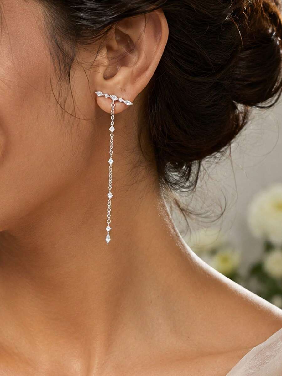 outingfit 1 Pair Minimalist Tassel Rhinestone Water Drop Pendant Stud Earrings, Niche High-End Fashion Micro-Inlaid Rhinestone Earrings, Suitable For Women's Daily Versatile Accessory - Silver - View 1