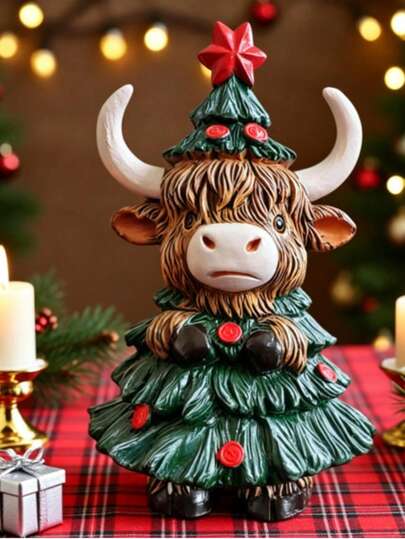 1pc Charming Christmas Highland Cow Statue, Exquisite Hand-Carved Holiday Tree Ornament With Red Berries, Suitable For Shelf, Desk, Mantel, Joyful Holiday Gift, Cow Theme Christmas Home Decor, Indoor Outdoor Home Decoration Ornament