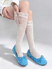 Lace Trim Mid-Calf Slouch Socks For Girls, Summer Thin Ice Silk Pearl Socks, Long Socks To Match Mary Jane Shoes - Multicolor - View 15