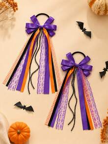 2pcs Halloween Bow Scrunchies For Kid Girls,Elegant Long-Tail Ribbon Plaid Hair Ties For Halloween Party,Day Of The Dead,Lace Headdress,Hair Accessory - Multicolor - View 3