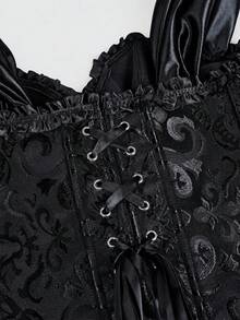 Yuwenier Romantic Black Corset Top Off Shoulder Jacquard Ruffle Trim Long Bow Button Front Boneed Grommet Eyelet Shapewear For Dinner Party Halloween - Hitam - View 10