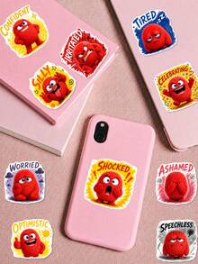 50Pcs What Mood Monster Today PP Stickers, Plush‑Textured Red Little Monster Illustrations With Various Mood English Words, For Journal Collage, Notebook, Storage Box, Luggage, Skateboard, Helmet, Computer DIY Decor - Multicolor - View 4