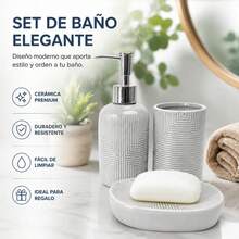 3-Piece Grey Ceramic Bathroom Accessory Set With Soap Dispenser, Toothbrush Holder And Soap Dish, Modern Geometric Relief Design - 白色 - 查看 6