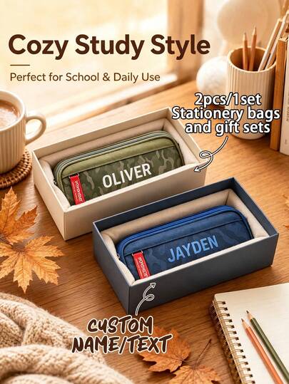 Personalized Double-Layer Pencil Case, Customizable Text Stationery Storage Pouch With Name, Large Capacity Pencil Box For School And Office