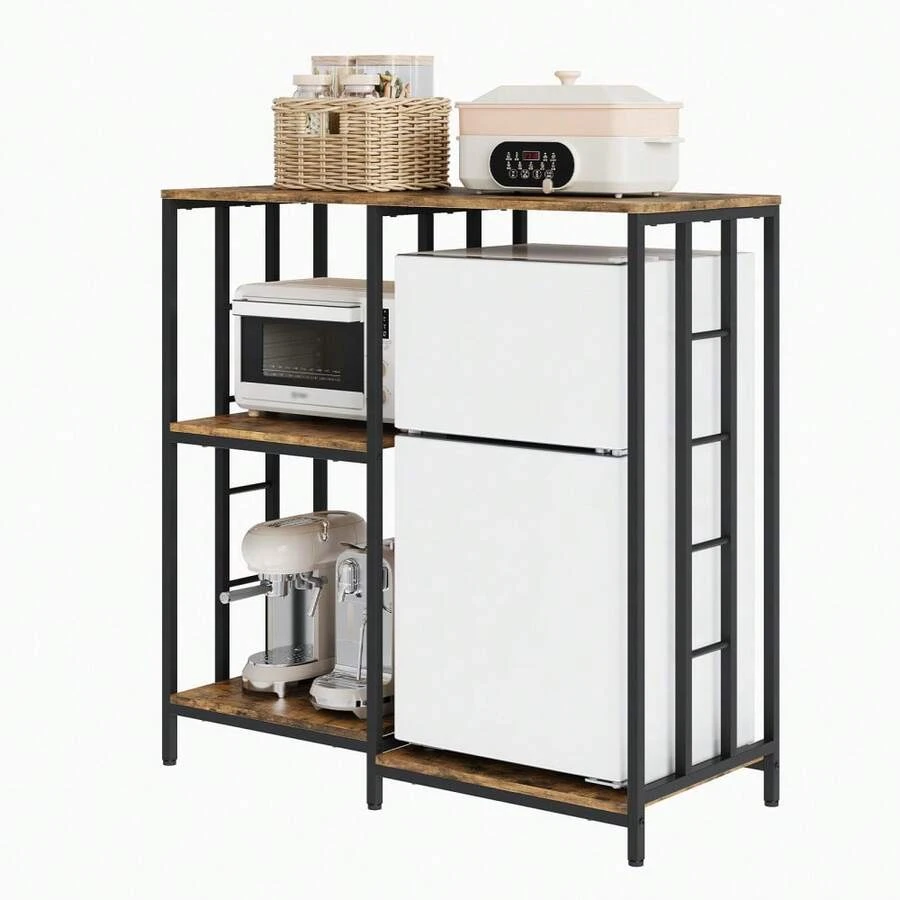 4-Tier Baker's Rack With Mini Fridge Stand - Coffee Bar & Microwave Stand - Heavy-Duty Metal & Wood Kitchen Storage Shelf, Freestanding Kitchen Station - Brown - View 1