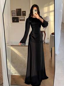 Women's Simple Elegant Tassel Detail Waist-Cinched Dress Black - Black - View 6