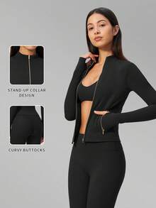 MFVIM Women's Versatile Yoga Bra + Leggings + Jacket 3 Pieces Set, Soft And Skin-Friendly - Premium Black - View 3