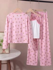 Girls 3Pcs Cute Bear Print Pajama Set,Long Sleeve Button‑Up+ Bear Graphic Cami Top + Elastic Waist Wide Leg Pants,Soft Sleepwear For Tween Girl Home Wear - Pink - View 5
