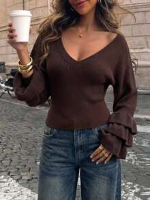 SEREN Autumn/Winter New Coffee Color V-Neck Knit Sweater, Slimming Waist Soft Inner Layer Top, Ruffle Bell Sleeve Design, Daily Wear - Coffee Brown - View 7