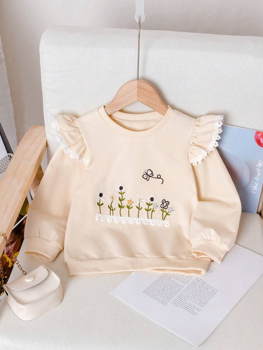 Young Girl' Casual Sweet Floral Embroidery Sweatshirt: Sweet Pink Floral Embroidered Sweatshirt With Ruffle Lace Sleeves, Perfect For Daily Wear, School, And Weekend Outings, Transforms Into A Cute Girl, Autumn/Winter - Apricot - View 1