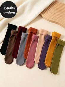 Random 5/10/15 Pairs Thick Striped Warm Sports Socks, Minimalist Versatile Mid-Calf Socks, Suitable For Autumn/Winter Sports, Home Leisure And Commuting - Multicolor - View 8