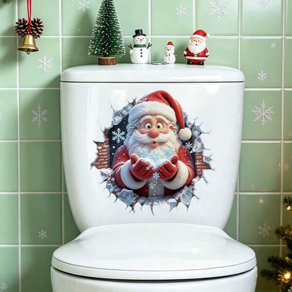 1 stuk grappige gescheurde muur Kerstman toiletsticker, optionele Kerstman toiletpapier sneeuwvlok prints, levendig scheureffect, spoorloze zelfklevende PVC, verwijderbare toiletbak decal, kerstdecoratie voor badkamer, winter kerstfeest