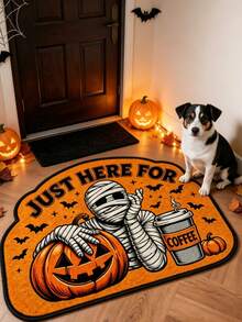 1 pieza Felpudo con patrón de calabaza momia y hoja de arce, alfombra de bienvenida de Halloween, alfombra pequeña de otoño/invierno, felpudo de entrada exterior, alfombra de cocina, decoración del hogar, felpudo de puerta principal - Multicolor - Ver 1