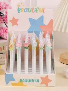 6pcs Floral Theme Neutral Pens, Student Black Ink Ballpoint Pens, Random Color Style, 0.5mm Tip Desktop Decoration, Floral Design, First Day Of School - Multicolor - View 4
