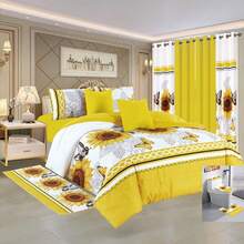 Edredón Matrimonial Reversible de 15 Piezas, TODO EN 1, Set Completo de Ropa de Cama con Sábanas, Cortinas y Accesorios Decorativos - Amarillo - Ver 1