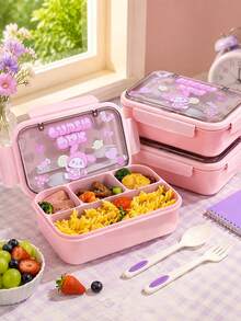 3pcs Pink Lunch Box Set, PP Material Bento Box, Cute Cartoon Print Portable Meal Box, Food Storage Container, Suitable For Students And Office Workers To Carry Meals - Pink - View 4