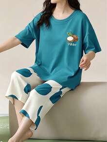 AICJ Conjunto de 2 Peças Feminino para Jovens, Top Rosa Casual Minimalista com Estampa Fofa de Gato Cartoon & Letra, Calça/Shorts/Calça de Pijama 3/4, Primavera Verão, Roupa de Casa, Festa, Férias, Roupa de Dormir e Loungewear - Azul - Visão 6