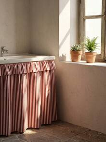 1pc Red And White Thin Striped Sink Skirt, Rustic Country Style Fabric Material, Rectangular Top With Ruffle Edge And Gathered Hem Detail, Covers Sink Underside Space And Decorative Beautification Function, Kitchen Sink Cover Curtain Suitable For Farmhouse Kitchen And Home Decor Scenes - Red - View 10