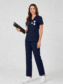 V-Neck Multi-Pocket Waist Tie Short Sleeve Top And Pants Scrub Set Fall - Navy Blue - View 7