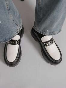 Men's Versatile Business Casual Thick Sole Height-Increasing Slip-On Black & White Colorblock Loafers - White - View 10